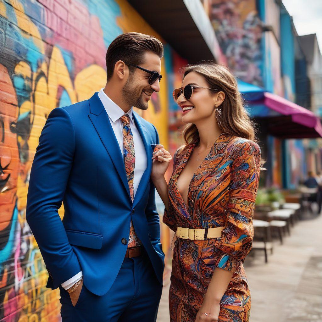 A stylish couple in matching outfits, exuding confidence and flirtation, standing against a vibrant urban backdrop. The woman wears a chic, modern dress while the man sports a stylish suit, both with complementary colors and patterns. Accessories like sunglasses and statement jewelry add flair, while playful body language suggests a fun, flirty interaction. Include elements like a graffiti wall or chic café in the background. super-realistic. vibrant colors. 3D.