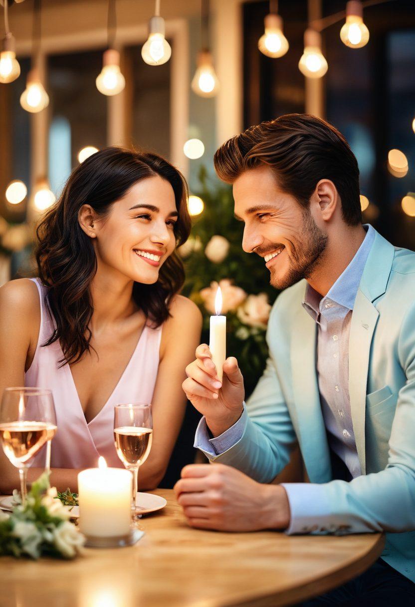 A fashionable couple on a stylish date night, showcasing trendy outfits that exude flirtation and romance, surrounded by a romantic dinner setting with candlelight and soft colors. The atmosphere is lively, reflecting modern flirt styles, with subtle hints of elegance and intimacy. Capture the excitement of a first date with playful interactions. vibrantly colored, super-realistic, soft focus.